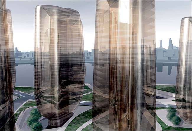 Zaha Hadid's transparent glass towers that narrow at the bottom, is one of five unveiled proposals for Olympic Village, to be in Long Island City, Queens, as a part of New York bid to be host to the summer games in 2012, March 10, 2004.